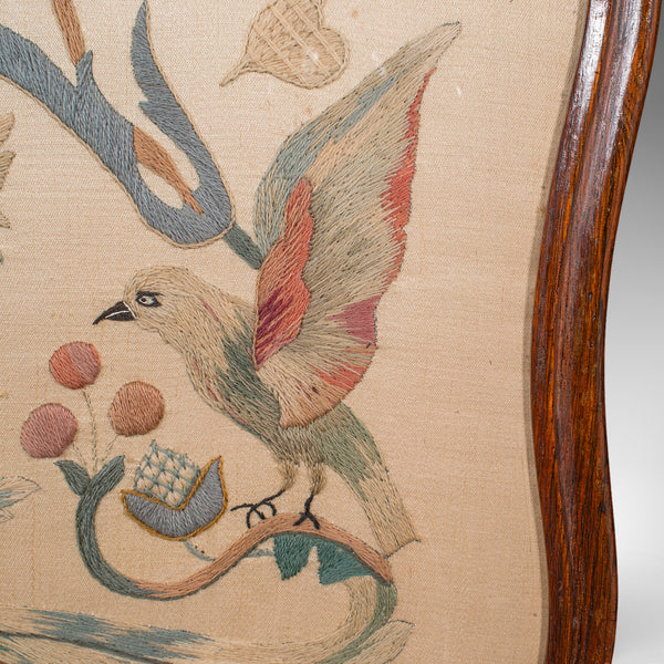 Antique Pole Screen, English, Embroidered Fire Panel, Reflector, Early Victorian