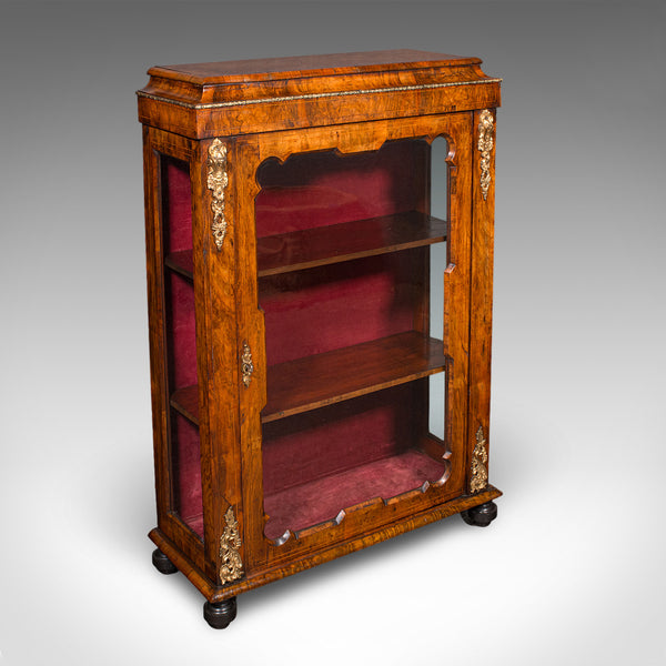 Antique Pier Cabinet, English, Walnut, Glazed Display Bookcase, Victorian, 1860