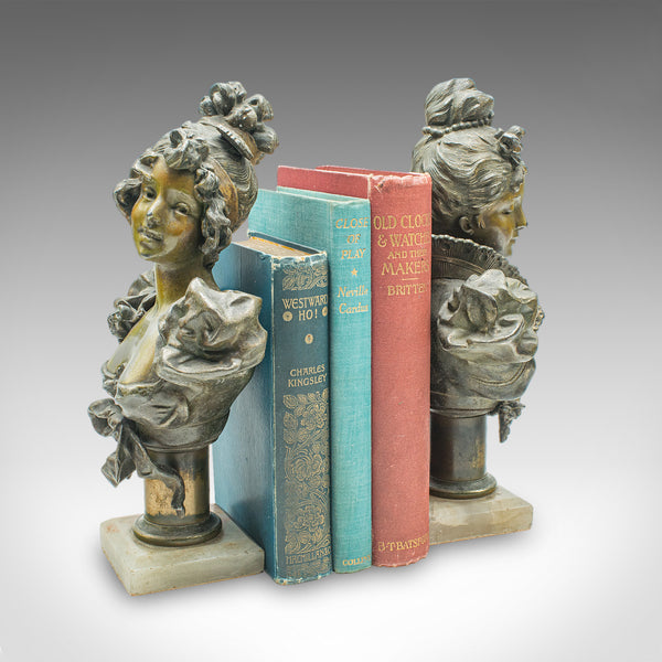 Pair of Antique Figural Bookends, French Spelter Busts, Art Nouveau, Victorian
