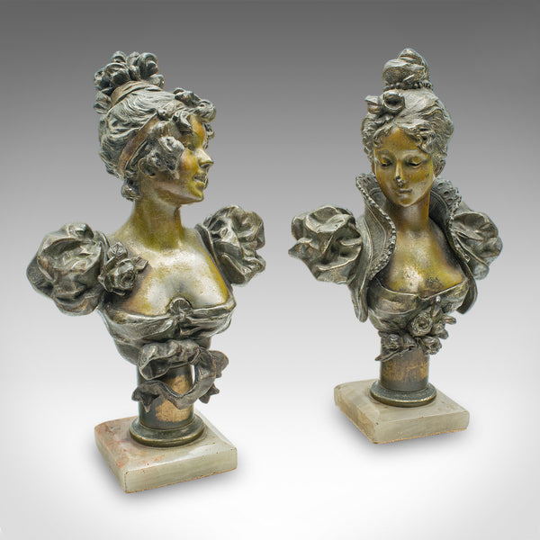 Pair of Antique Figural Bookends, French Spelter Busts, Art Nouveau, Victorian