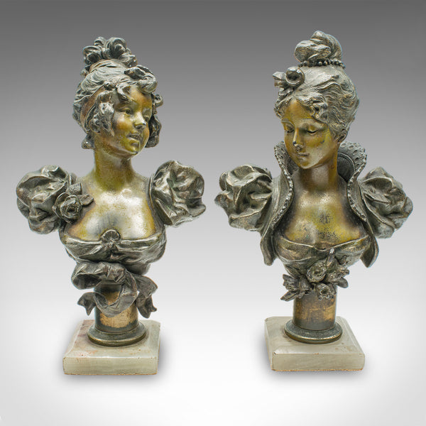 Pair of Antique Figural Bookends, French Spelter Busts, Art Nouveau, Victorian