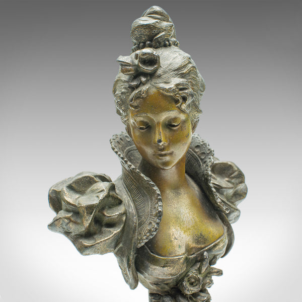 Pair of Antique Figural Bookends, French Spelter Busts, Art Nouveau, Victorian