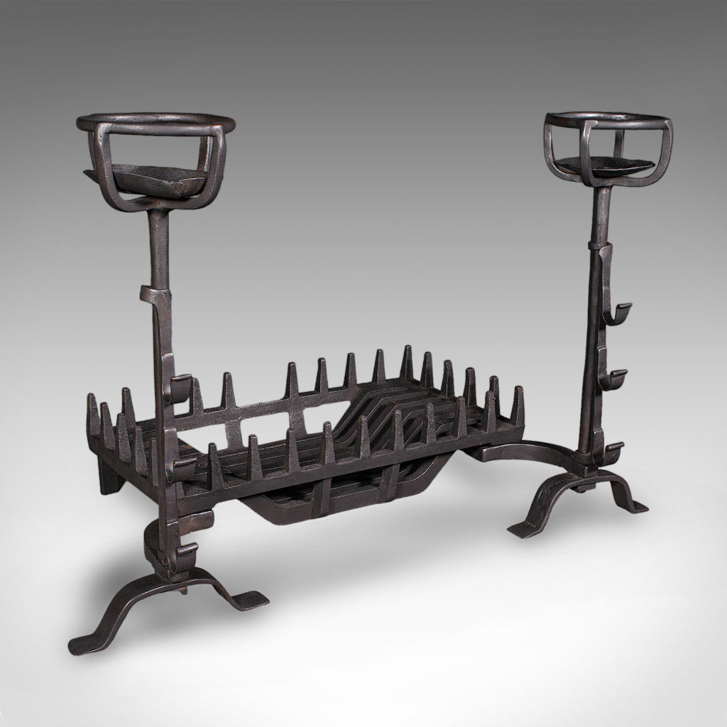 Antique Fireplace Set, English Cast Iron, Fire Basket, Mulling Andiron, Georgian