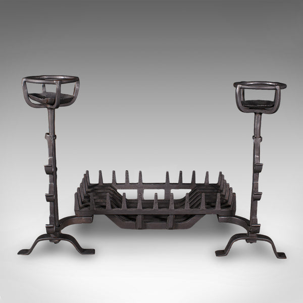 Antique Fireplace Set, English Cast Iron, Fire Basket, Mulling Andiron, Georgian