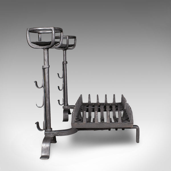 Antique Fireplace Set, English Cast Iron, Fire Basket, Mulling Andiron, Georgian