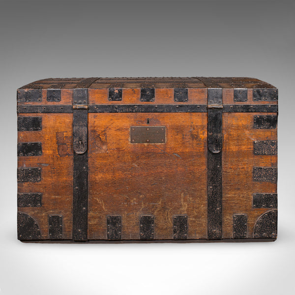 Large Antique Silver Chest, English, Oak, Iron Bound, Shipping Trunk, Victorian