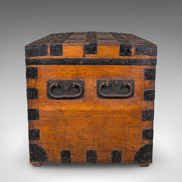 Large Antique Silver Chest, English, Oak, Iron Bound, Shipping Trunk, Victorian