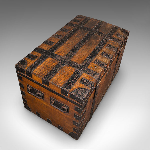 Large Antique Silver Chest, English, Oak, Iron Bound, Shipping Trunk, Victorian