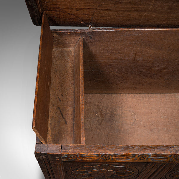 Antique Linen Chest, English, Carved Oak, Coffer, Bay Window Seat, William III