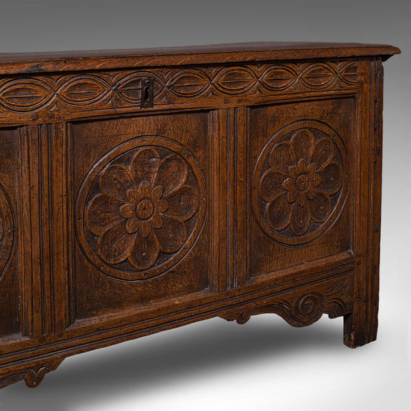 Antique Linen Chest, English, Carved Oak, Coffer, Bay Window Seat, William III