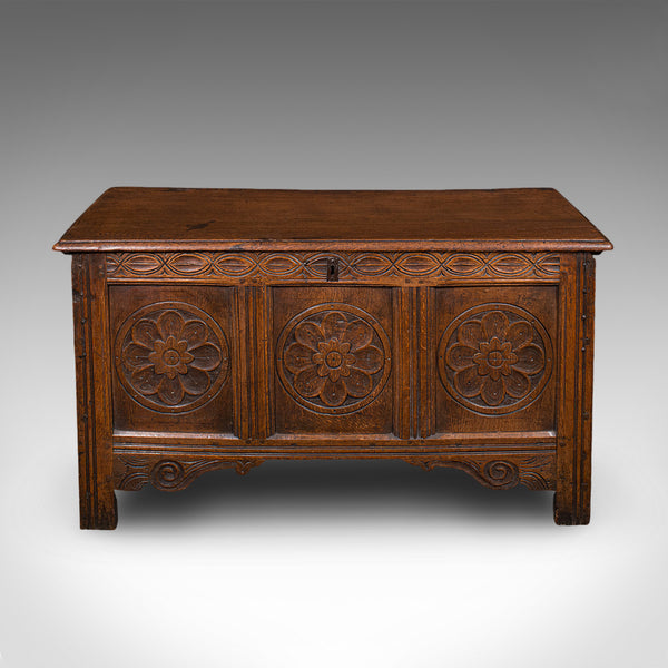Antique Linen Chest, English, Carved Oak, Coffer, Bay Window Seat, William III