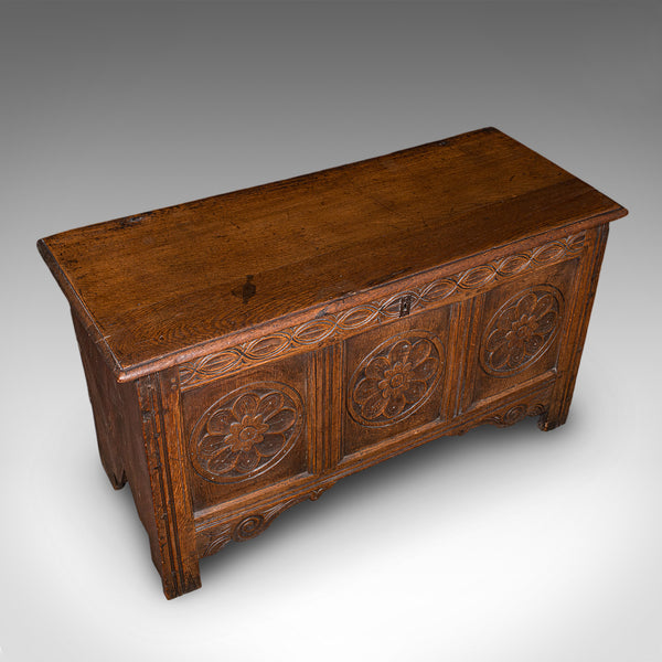 Antique Linen Chest, English, Carved Oak, Coffer, Bay Window Seat, William III