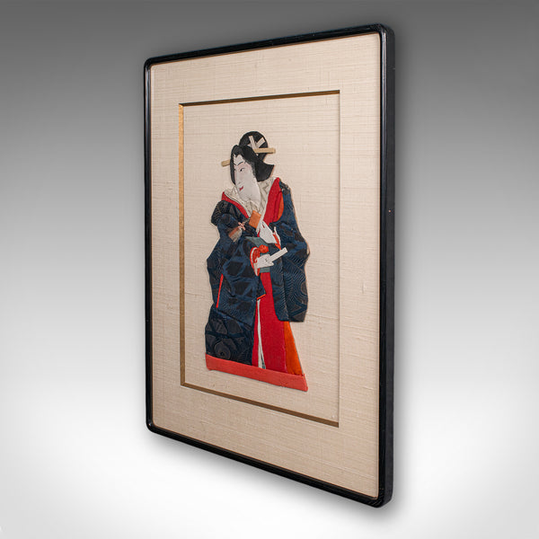 Vintage Geisha Portrait, Japanese Textile Relief Costume Picture, Art Deco, 1940