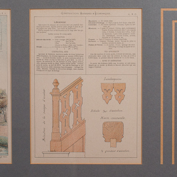 Antique Framed Architectural Plans, French, Industrial Lithograph Art, Victorian