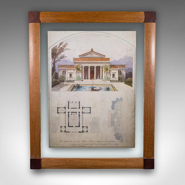 Large Vintage Architectural Villa Plan, French, Framed, After Edmond Paulin, Art