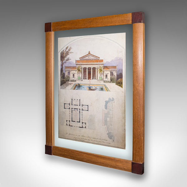 Large Vintage Architectural Villa Plan, French, Framed, After Edmond Paulin, Art