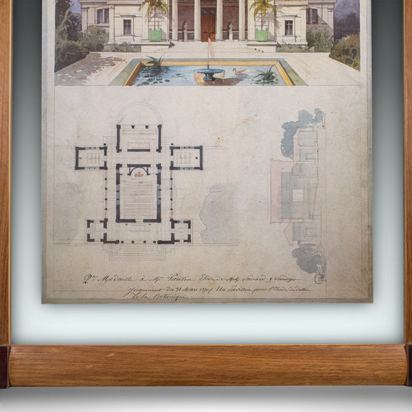 Large Vintage Architectural Villa Plan, French, Framed, After Edmond Paulin, Art