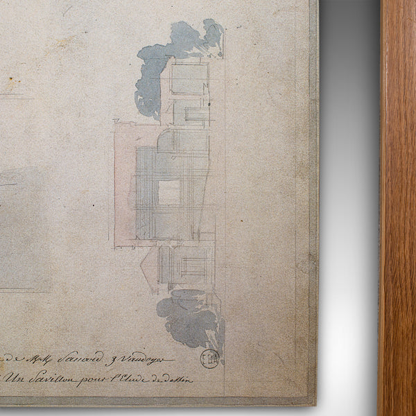 Large Vintage Architectural Villa Plan, French, Framed, After Edmond Paulin, Art