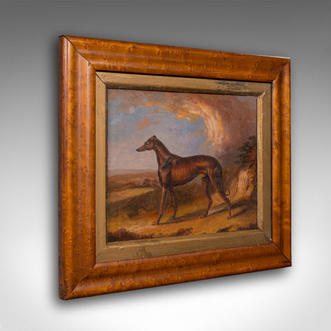 Small Antique Greyhound Painting, Oil on Board, Maple Frame, Dog Art, Victorian