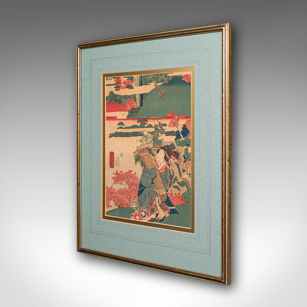 Antique Framed Woodblock Print, Japanese Art, Edo, Ukiyo-e, Kunisada, Victorian