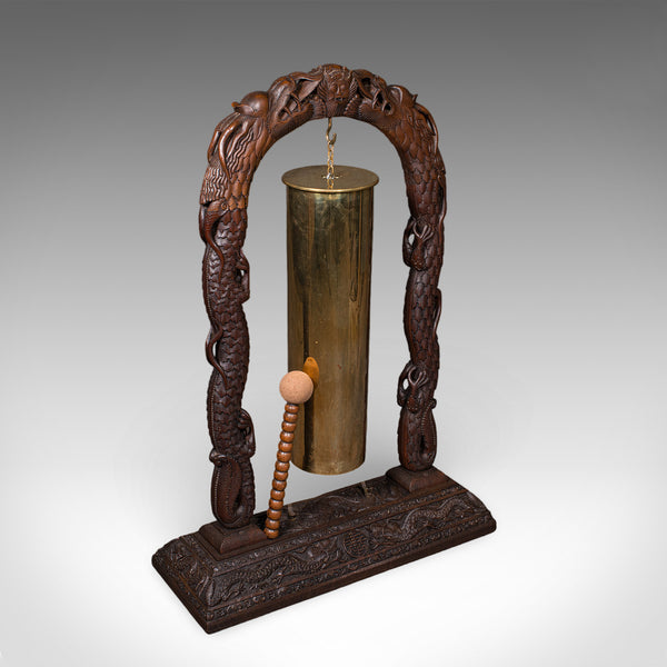 Large Vintage Alarm Gong, Oriental, Hardwood Chime Stand, Brass, Art Deco, 1930