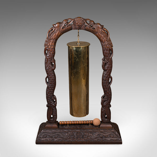 Large Vintage Alarm Gong, Oriental, Hardwood Chime Stand, Brass, Art Deco, 1930