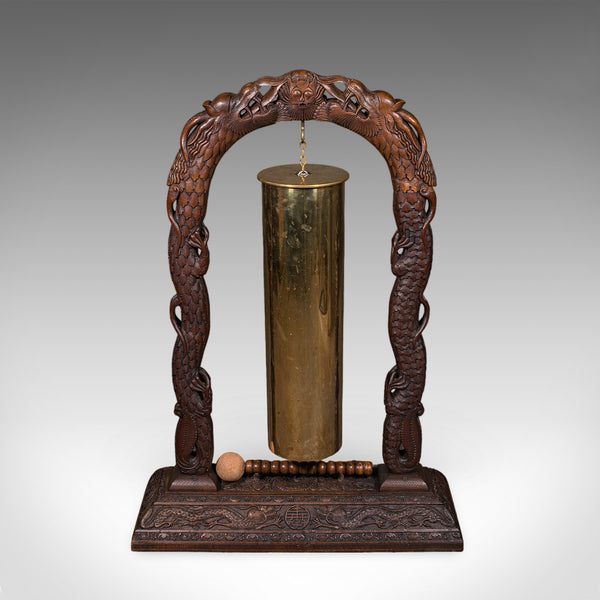 Large Vintage Alarm Gong, Oriental, Hardwood Chime Stand, Brass, Art Deco, 1930