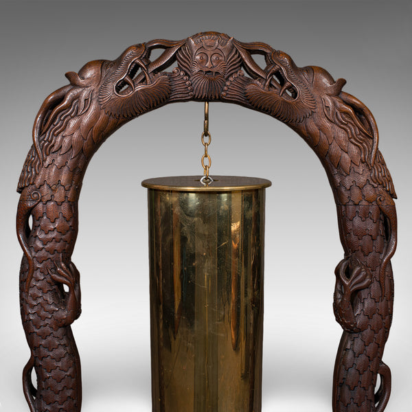 Large Vintage Alarm Gong, Oriental, Hardwood Chime Stand, Brass, Art Deco, 1930