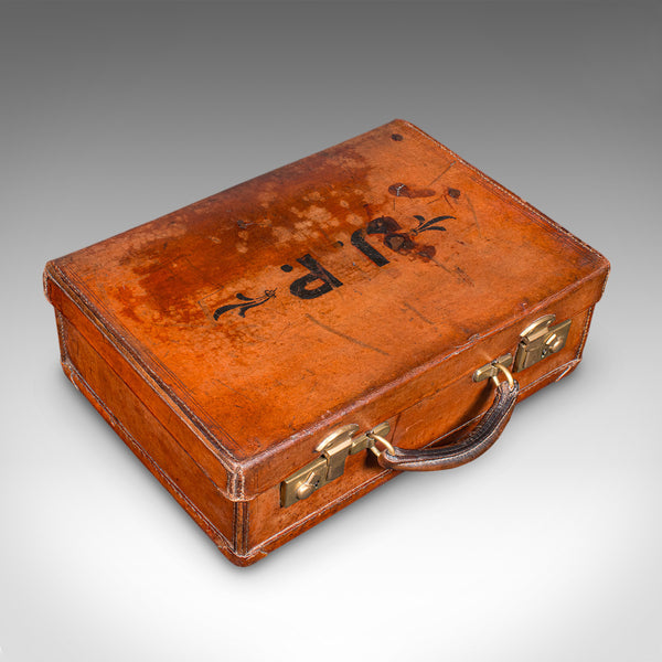 Small Antique Clerk's Suitcase, English Leather Attache Case, Revival, Victorian