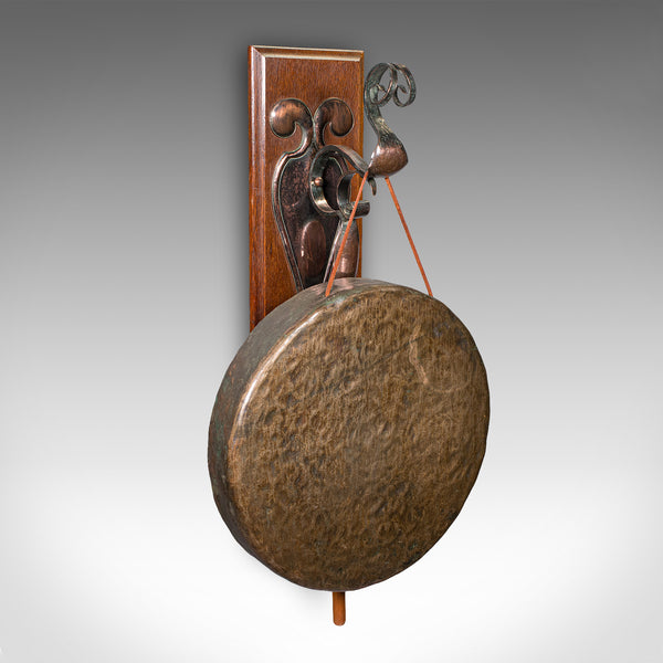 Antique Wall Gong, English, Oak, Bronze, Dinner Chime, Art Nouveau, Victorian
