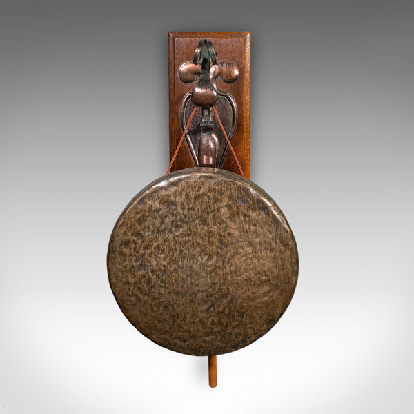 Antique Wall Gong, English, Oak, Bronze, Dinner Chime, Art Nouveau, Victorian