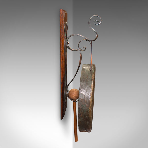 Antique Wall Gong, English, Oak, Bronze, Dinner Chime, Art Nouveau, Victorian