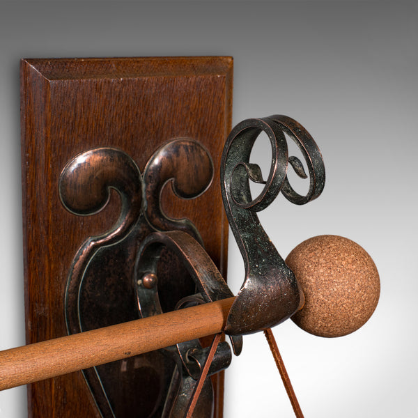 Antique Wall Gong, English, Oak, Bronze, Dinner Chime, Art Nouveau, Victorian