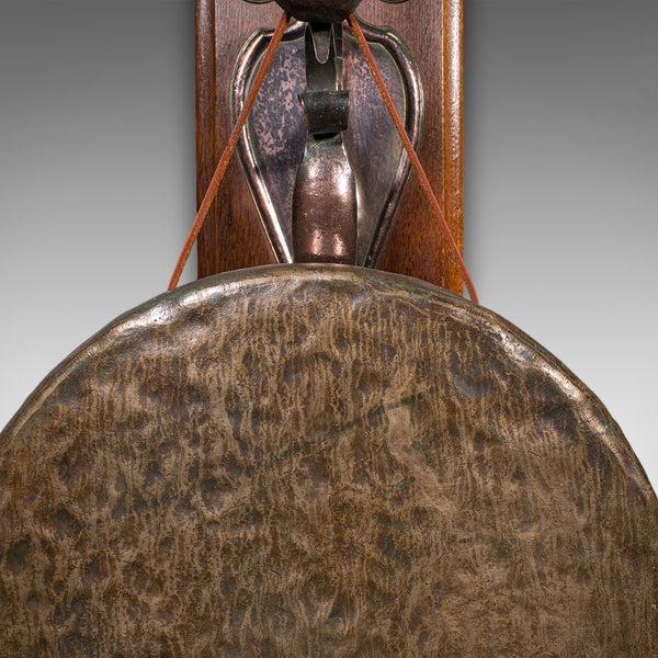 Antique Wall Gong, English, Oak, Bronze, Dinner Chime, Art Nouveau, Victorian