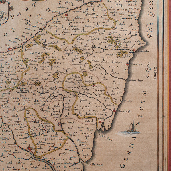 Antique Suffolk County Map, Dutch, Atlas Novus, Joan Blaeu, Cartography, C.1645