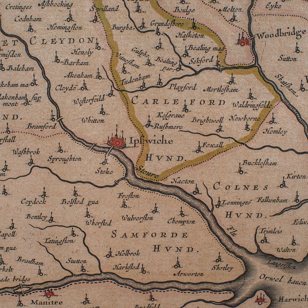 Antique Suffolk County Map, Dutch, Atlas Novus, Joan Blaeu, Cartography, C.1645