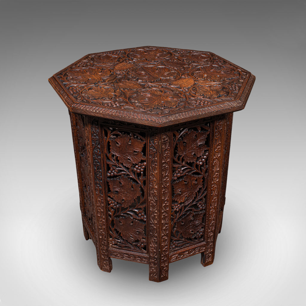 Antique Campaign Tea Table, Anglo-Indian, Carved, Lamp, Side, Victorian, C.1900