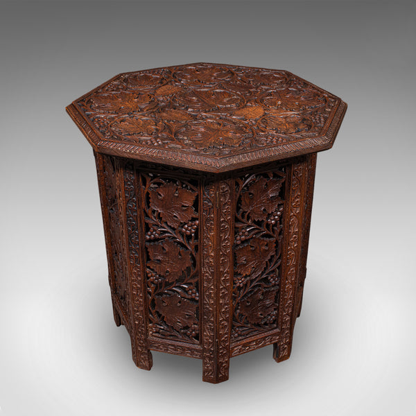 Antique Campaign Tea Table, Anglo-Indian, Carved, Lamp, Side, Victorian, C.1900