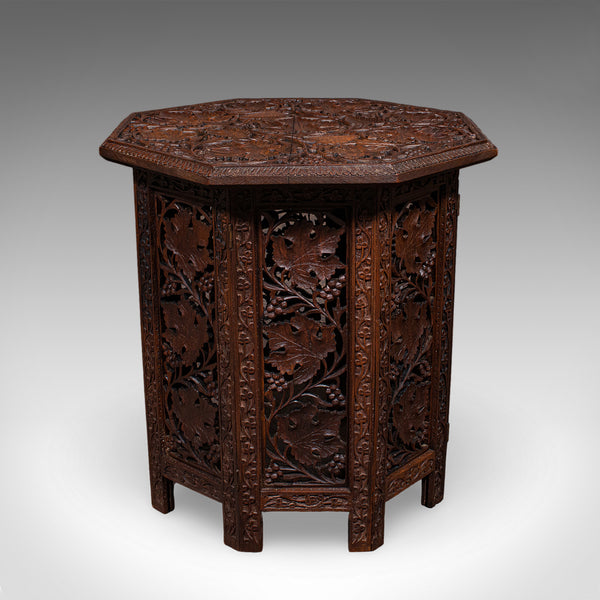 Antique Campaign Tea Table, Anglo-Indian, Carved, Lamp, Side, Victorian, C.1900