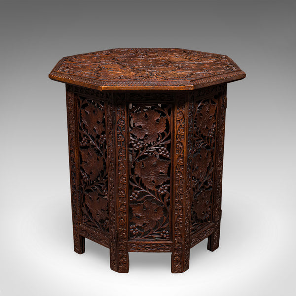 Antique Campaign Tea Table, Anglo-Indian, Carved, Lamp, Side, Victorian, C.1900