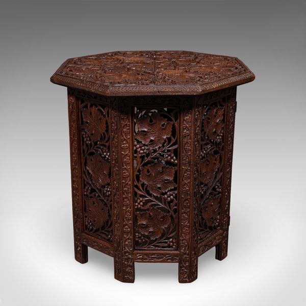 Antique Campaign Tea Table, Anglo-Indian, Carved, Lamp, Side, Victorian, C.1900