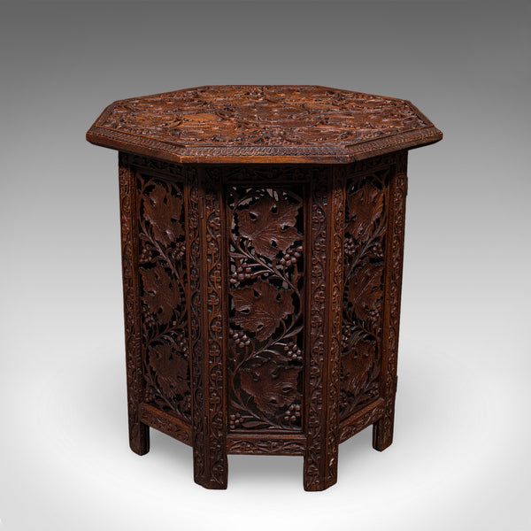 Antique Campaign Tea Table, Anglo-Indian, Carved, Lamp, Side, Victorian, C.1900