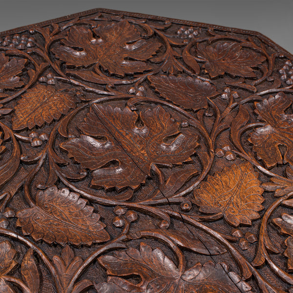 Antique Campaign Tea Table, Anglo-Indian, Carved, Lamp, Side, Victorian, C.1900