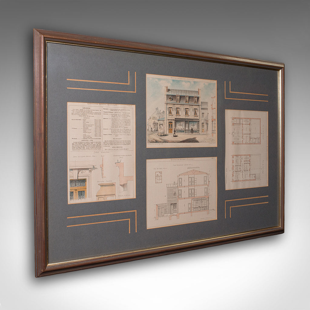 Antique Set of Architectural Plans, French, Framed Lithographs, Art, Victorian