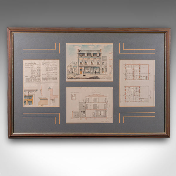 Antique Set of Architectural Plans, French, Framed Lithographs, Art, Victorian