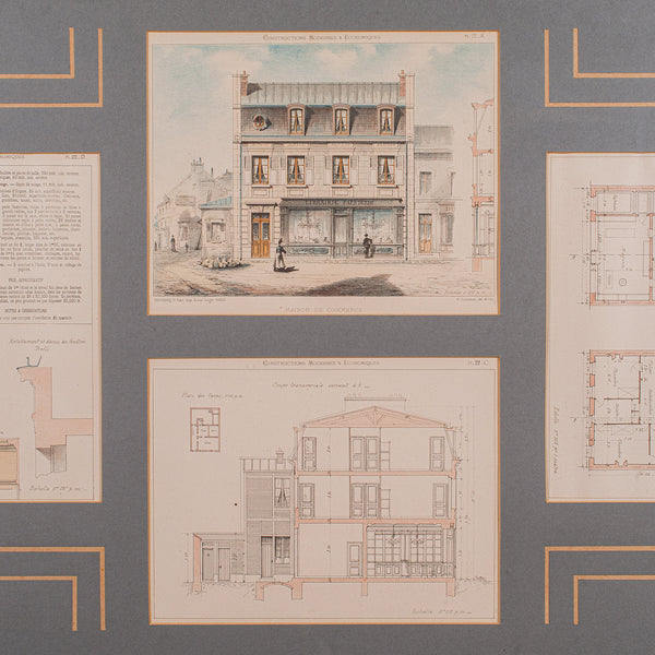 Antique Set of Architectural Plans, French, Framed Lithographs, Art, Victorian