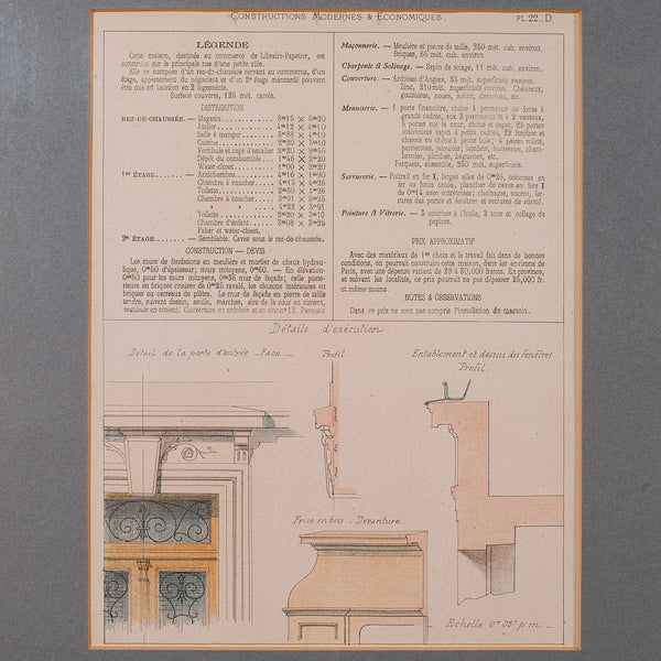 Antique Set of Architectural Plans, French, Framed Lithographs, Art, Victorian