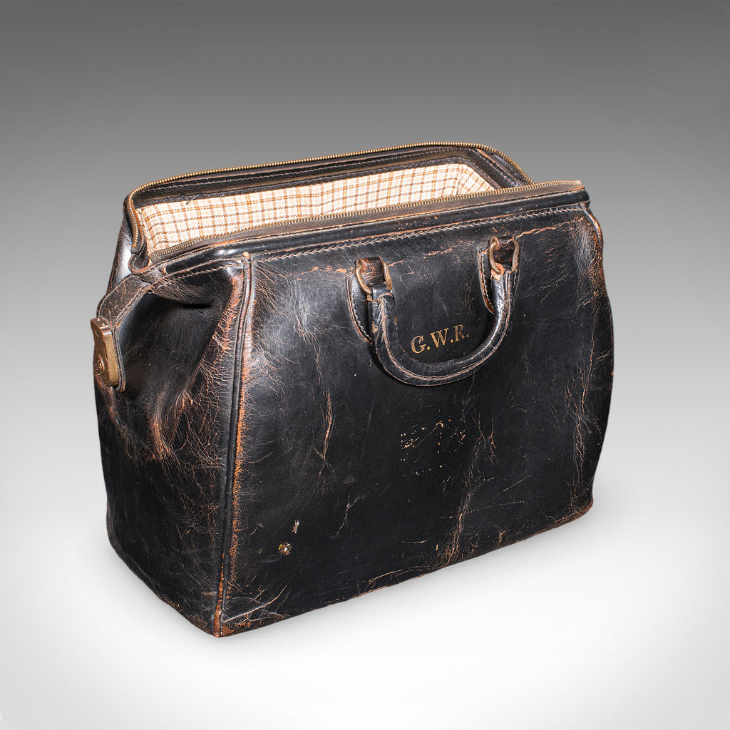 Antique Railway Director's Gladstone Bag, English Leather Portmanteau, GWR, 1920