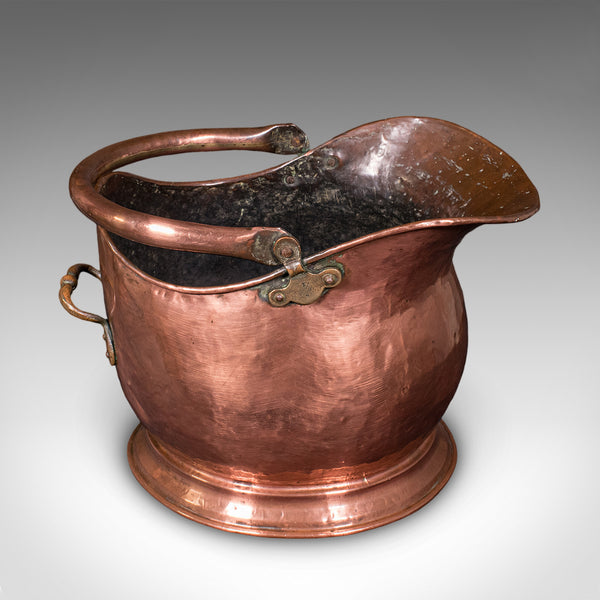 Antique Helmet Coal Scuttle, English, Copper, Fireplace Fuel Keeper, Victorian