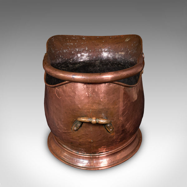 Antique Helmet Coal Scuttle, English, Copper, Fireplace Fuel Keeper, Victorian